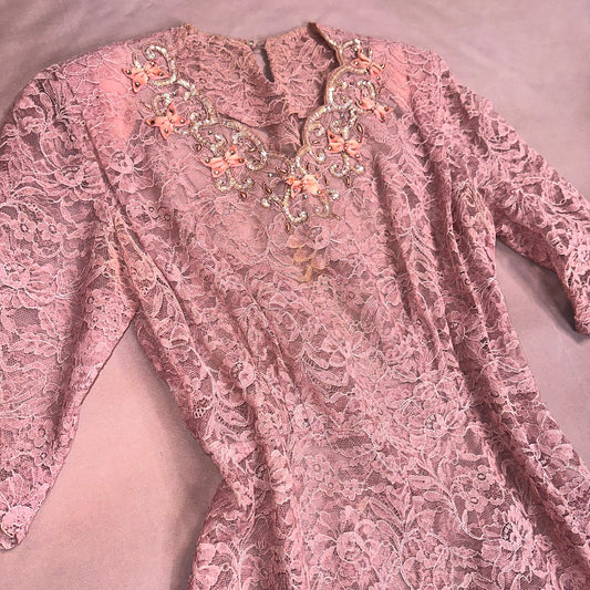 VINTAGE 50s DUSTY PINK SHEER LACE MIDI DRESS