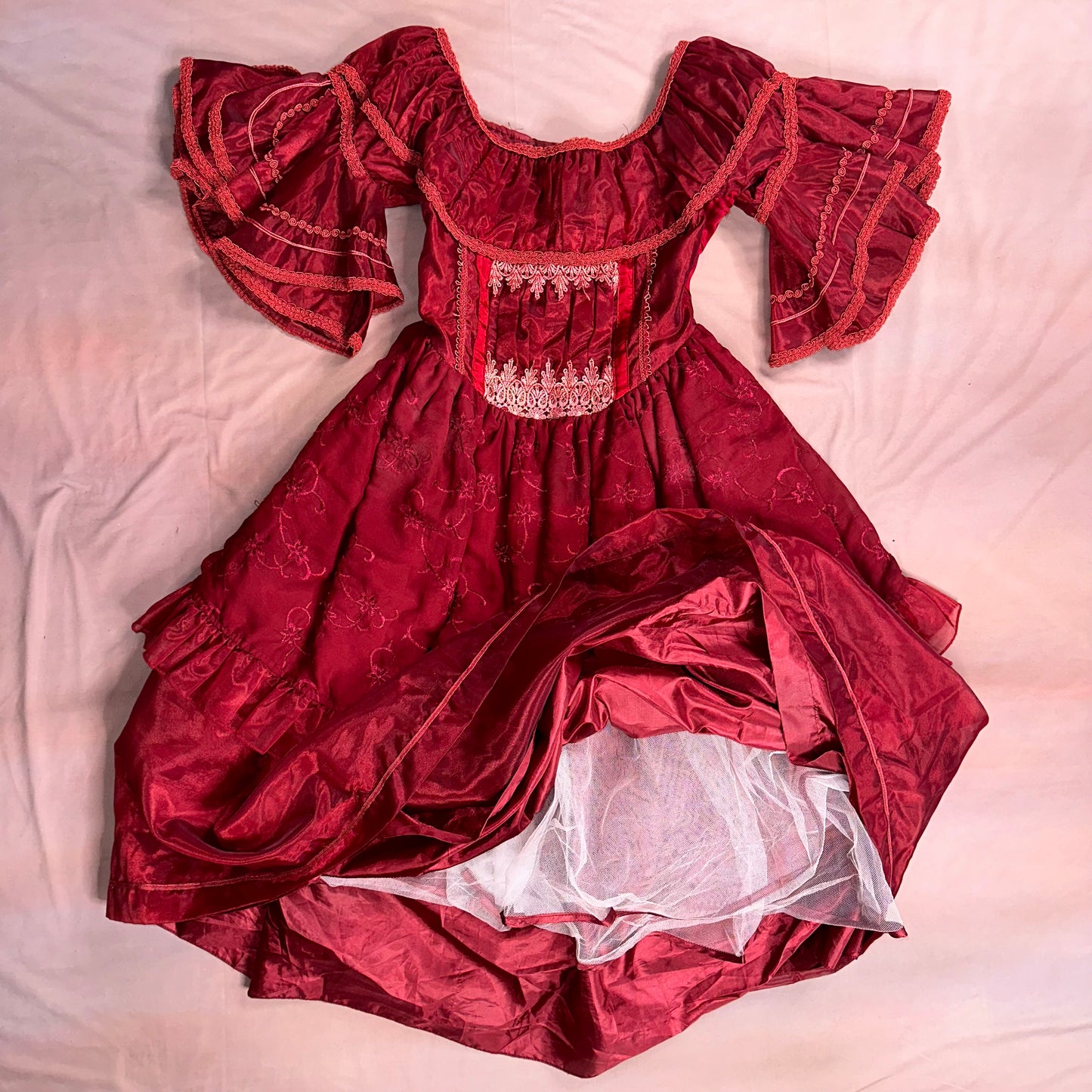 VINTAGE 80s BURGUNDY RED RUFFLE GOWN